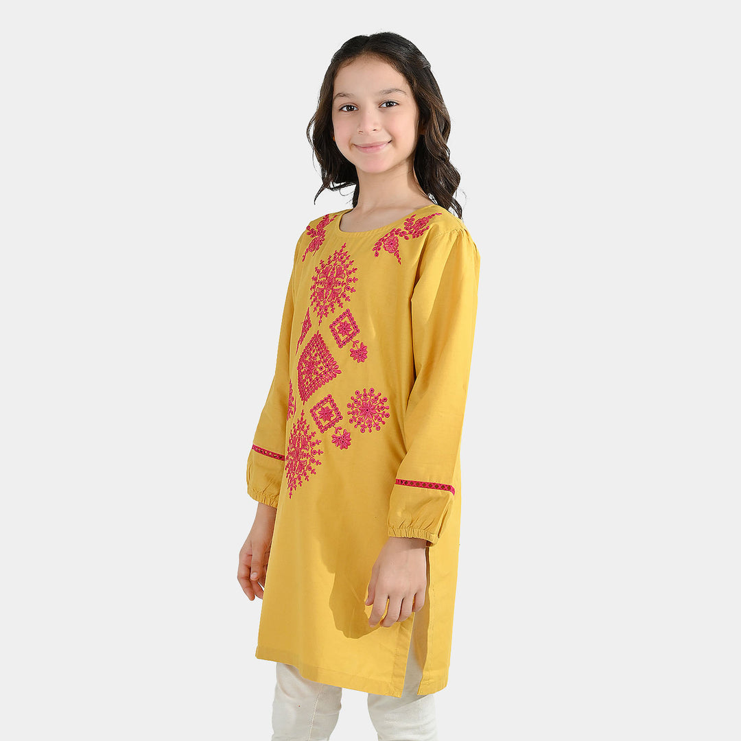 Girls Cotton Emb Kurti Nagma-Mustard