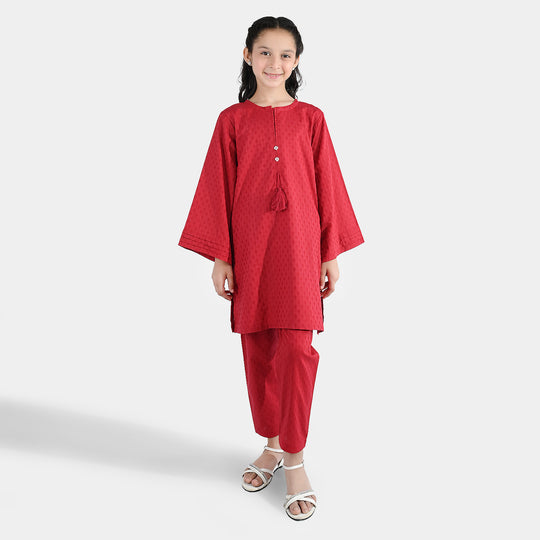 Girls Jacquard 2-Piece Suit (Rose) - Maroon