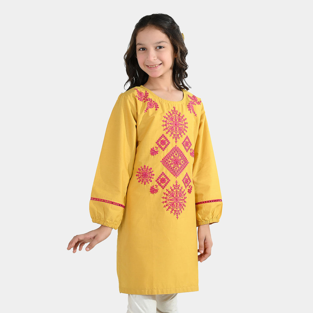 Girls Cotton Emb Kurti Nagma-Mustard