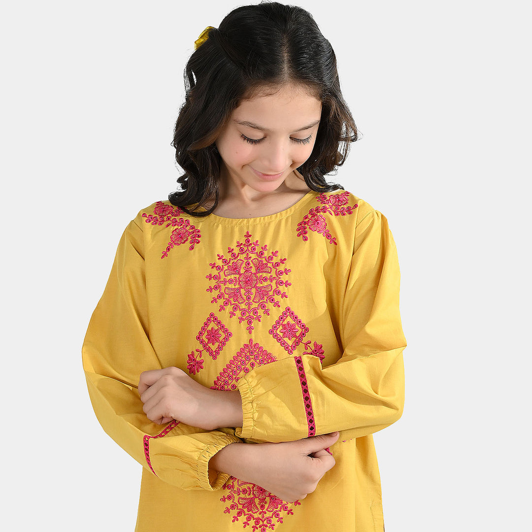 Girls Cotton Emb Kurti Nagma-Mustard