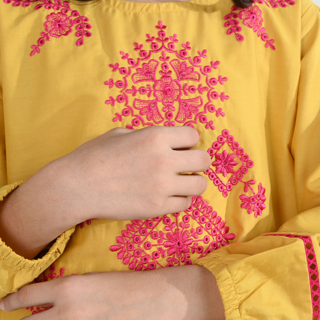 Girls Cotton Emb Kurti Nagma-Mustard