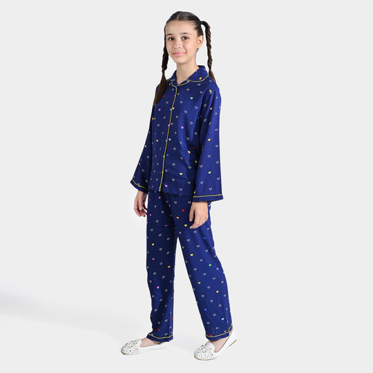 Girls Viscose Nightwear Multi Heart - Blue