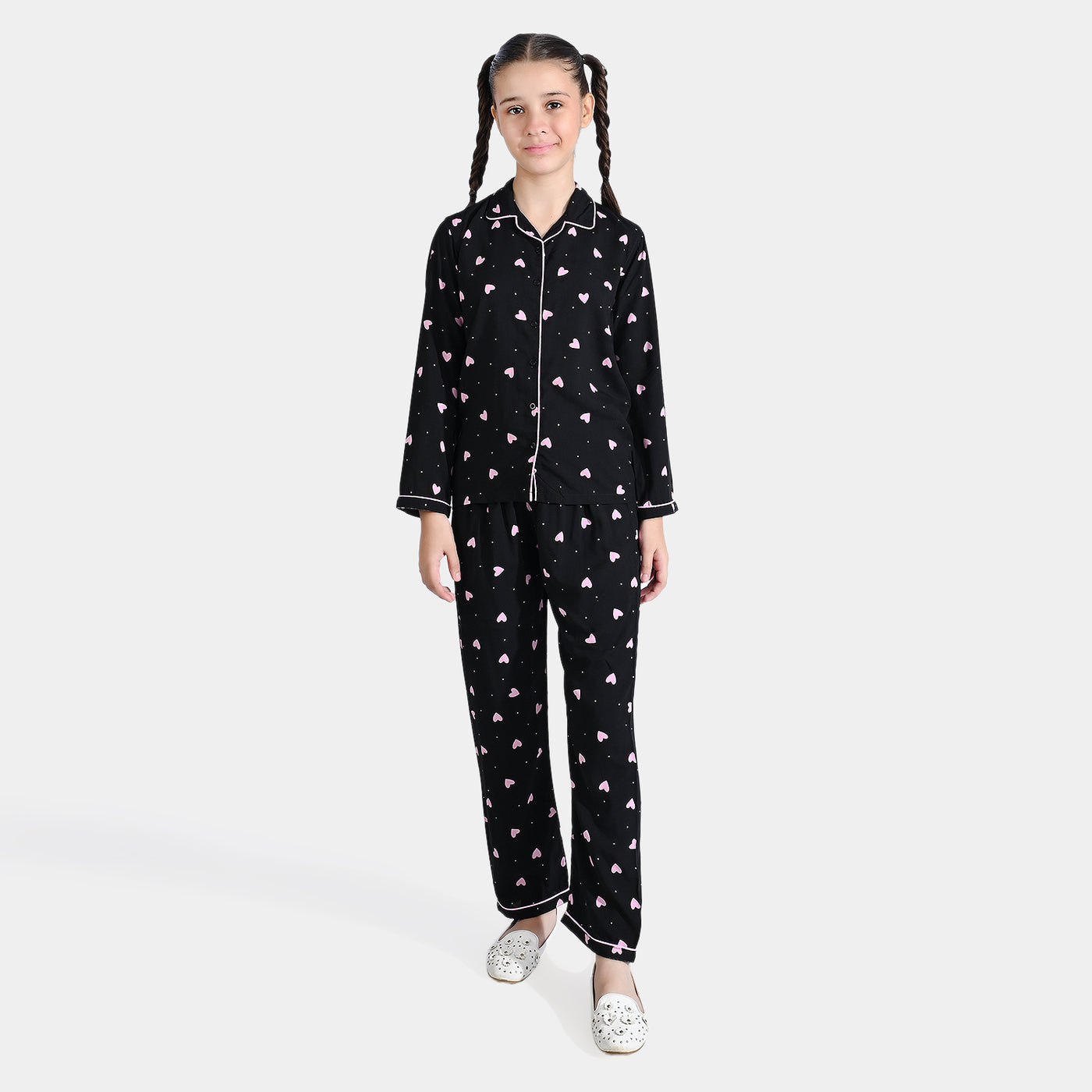 Girls Viscose Nightwear Pink Heart-BLACK