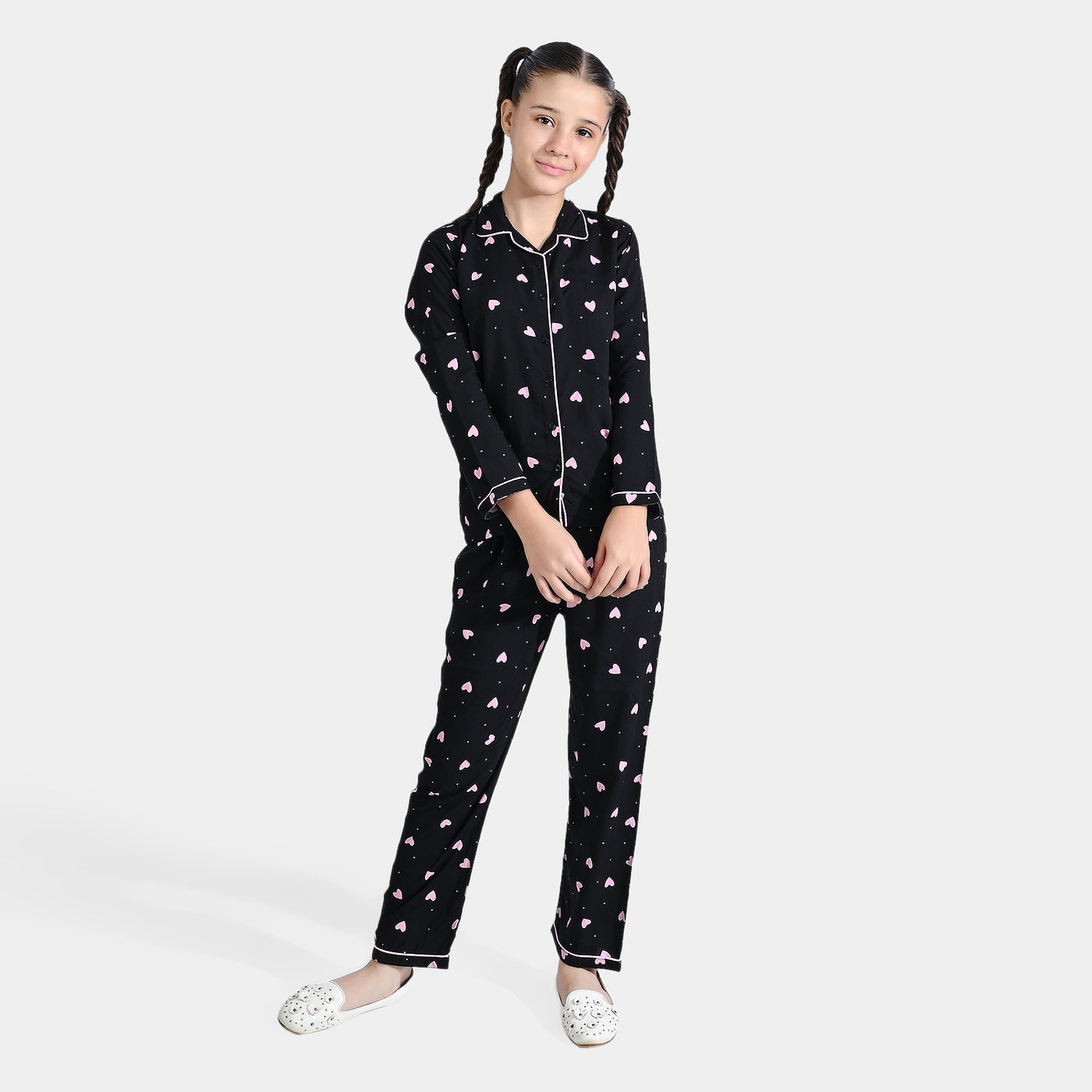 Girls Viscose Nightwear Pink Heart-BLACK