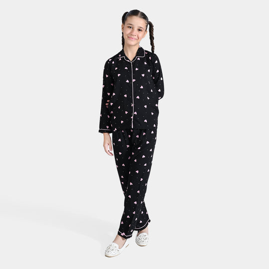 Girls Viscose Nightwear Pink Heart-BLACK