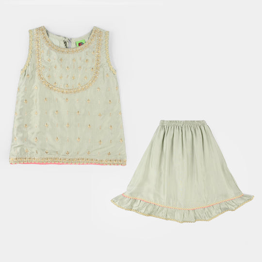Infant Girls Raw Silk 2-Piece Set (Lace & Frill) - Green