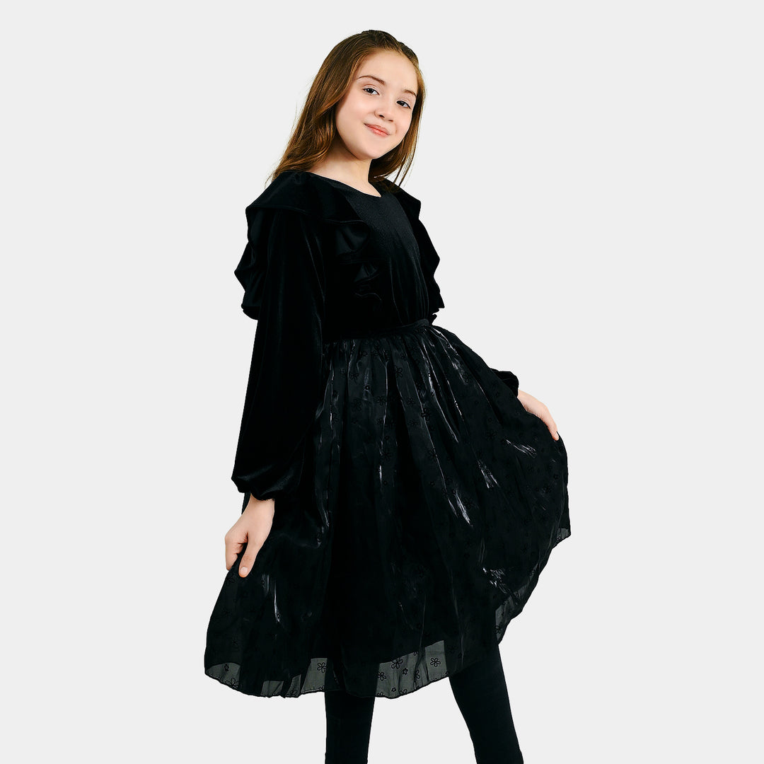 Girls Poly Crinkle Casual Frock Beauty - BLACK