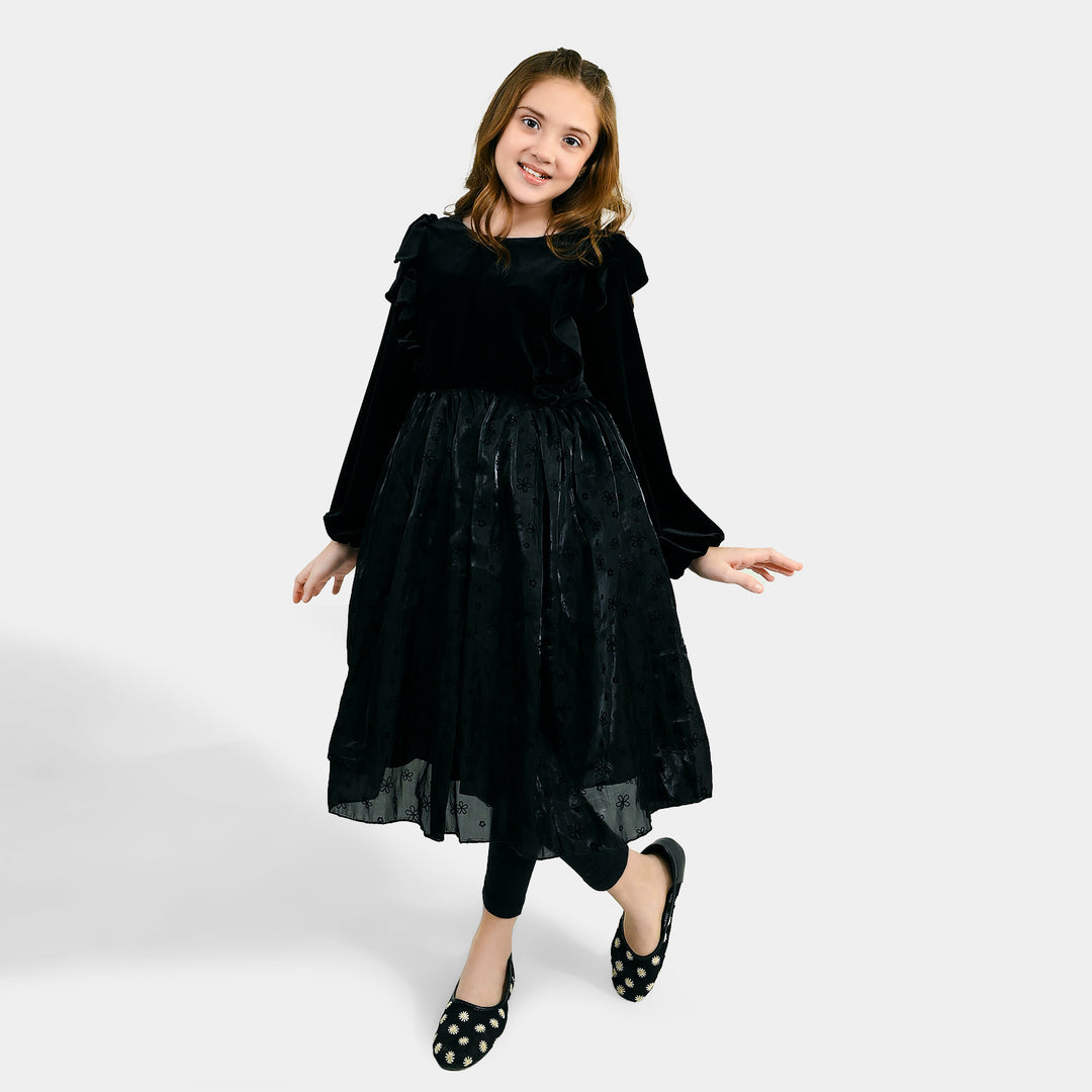 Girls Poly Crinkle Casual Frock Beauty - BLACK