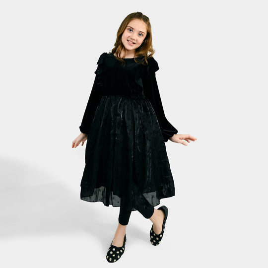 Girls Poly Crinkle Casual Frock Beauty - BLACK