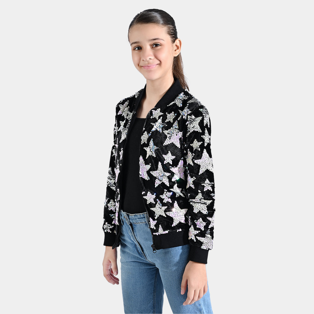 Girls Velvet Sequence Knitted Jacket All Stars-BLACK