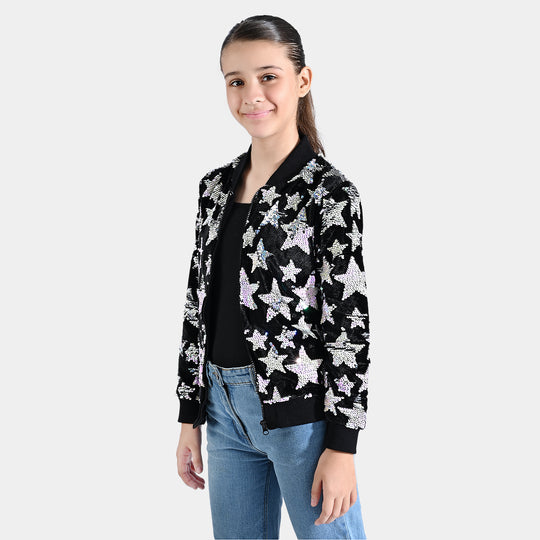 Girls Velvet Sequence Knitted Jacket All Stars-BLACK