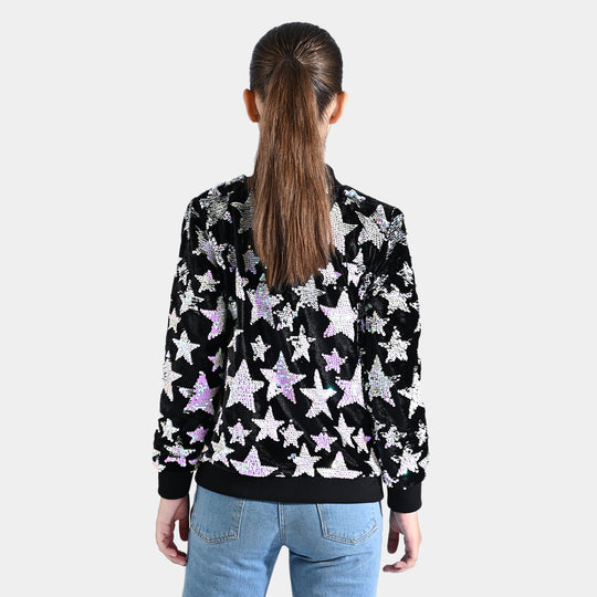 Girls Velvet Sequence Knitted Jacket All Stars-BLACK