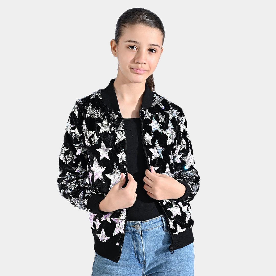 Girls Velvet Sequence Knitted Jacket All Stars-BLACK