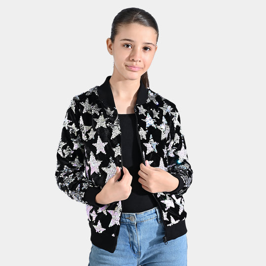 Girls Velvet Sequence Knitted Jacket All Stars-BLACK