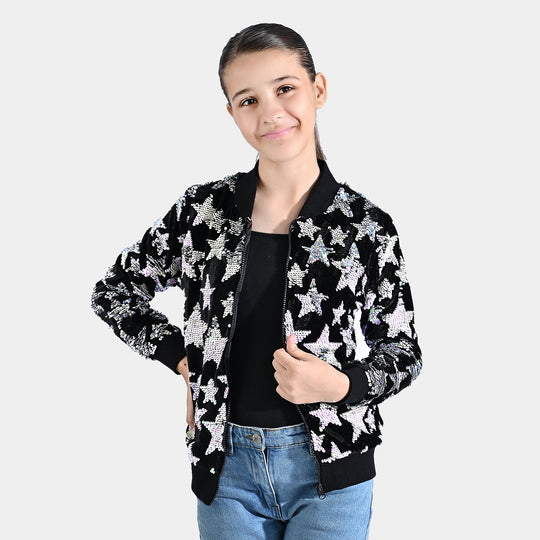 Girls Velvet Sequence Knitted Jacket All Stars-BLACK