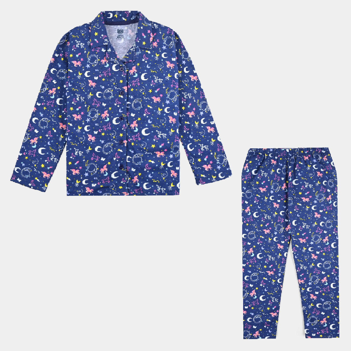 Girls Poly Cotton Knitted Night Suit Galaxy-Navy Blue