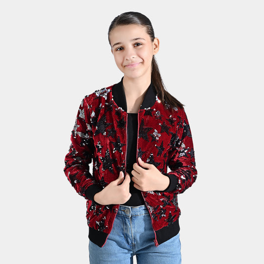 Girls Velvet Sequence Knitted Jacket All Stars-MAROON