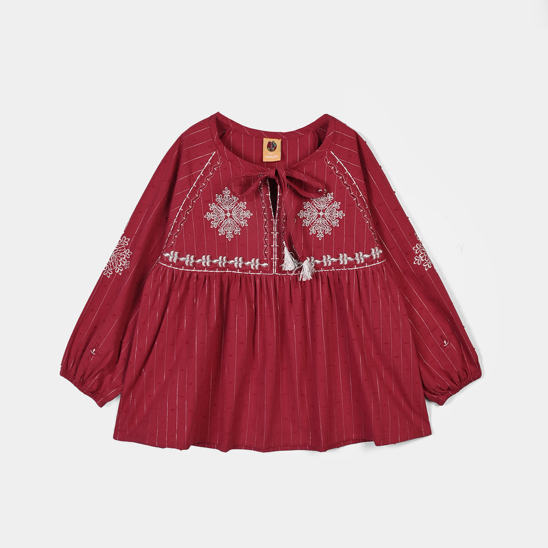 Girls Gauze Emb Top Confetti-Red