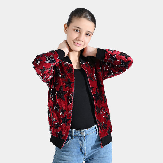 Girls Velvet Sequence Knitted Jacket All Stars-MAROON