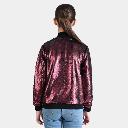 Girls Velvet Sequence Knitted Jacket Rapunzel-MAROON