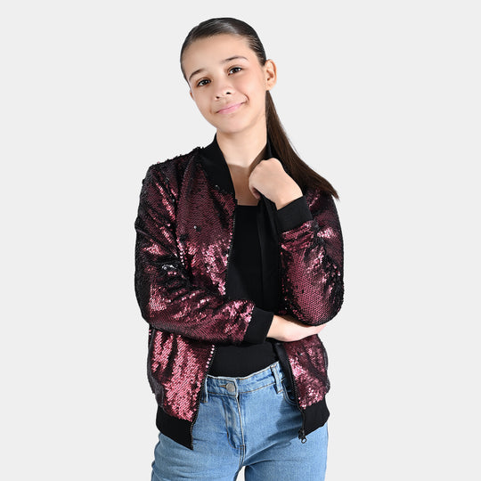 Girls Velvet Sequence Knitted Jacket Rapunzel-MAROON