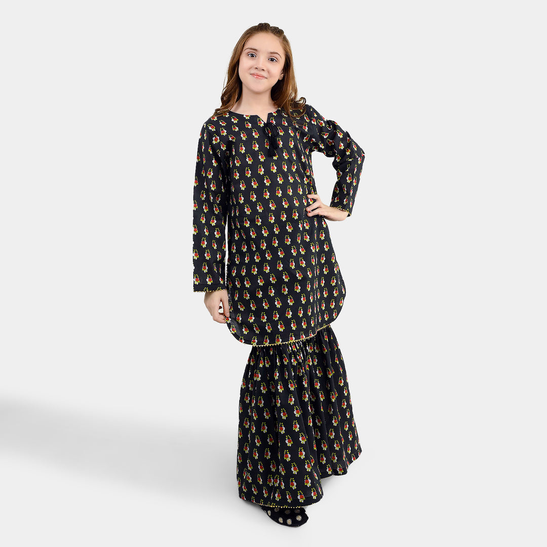 Girls Cotton Printed 2Pcs Peacock-BLACK