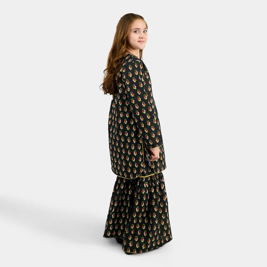 Girls Cotton Printed 2Pcs Peacock-BLACK