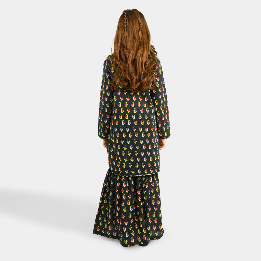 Girls Cotton Printed 2Pcs Peacock-BLACK