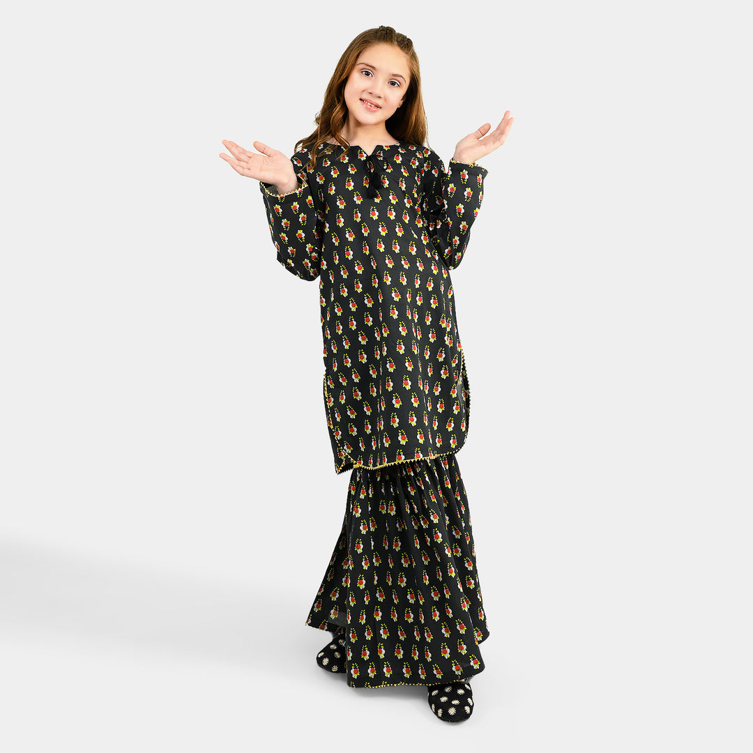 Girls Cotton Printed 2Pcs Peacock-BLACK