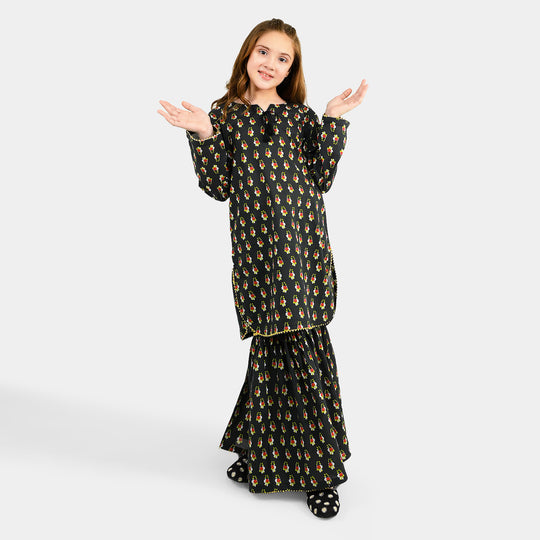 Girls Cotton Printed 2Pcs Peacock-BLACK