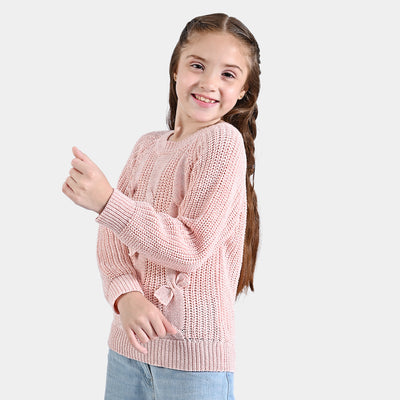 Girls Mix Fabric Sweater 3 Bow -Pink