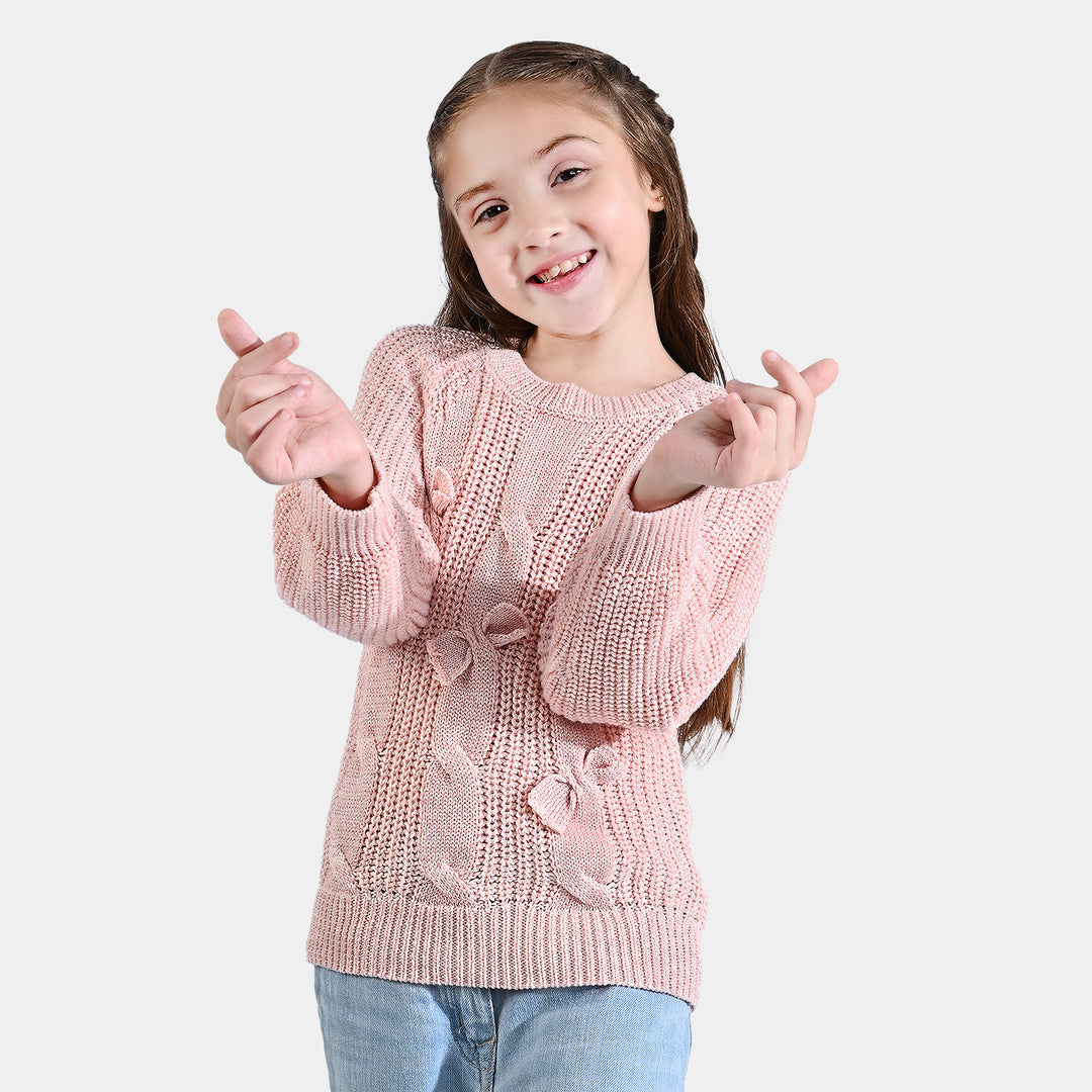 Girls Mix Fabric Sweater 3 Bow -Pink