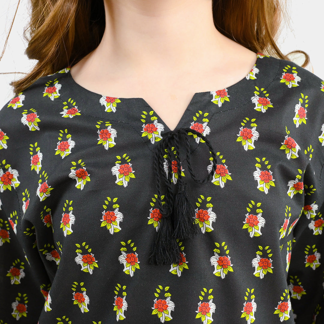 Girls Cotton Printed 2Pcs Peacock-BLACK