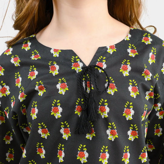 Girls Cotton Printed 2Pcs Peacock-BLACK