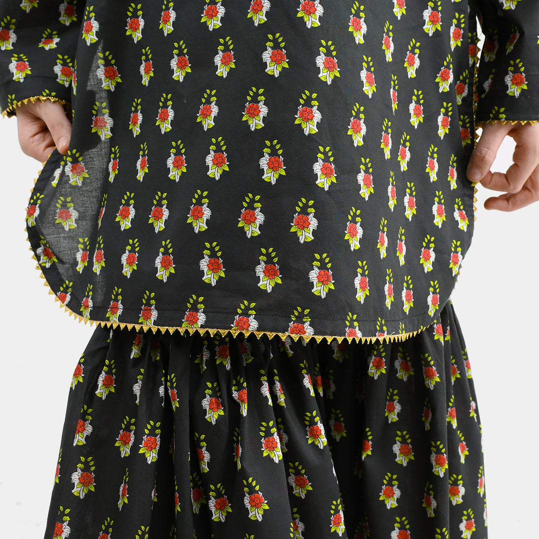 Girls Cotton Printed 2Pcs Peacock-BLACK