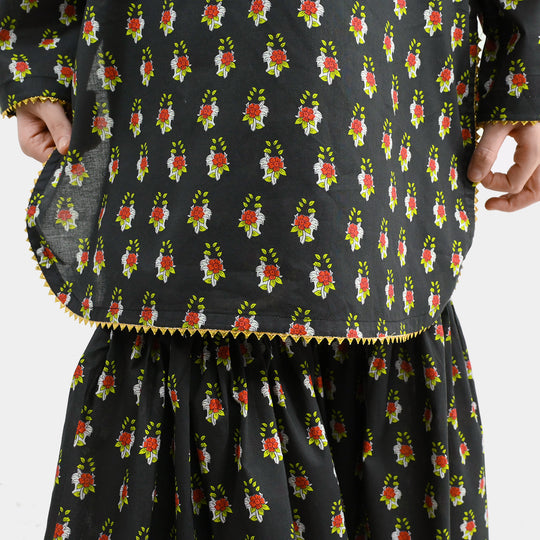Girls Cotton Printed 2Pcs Peacock-BLACK