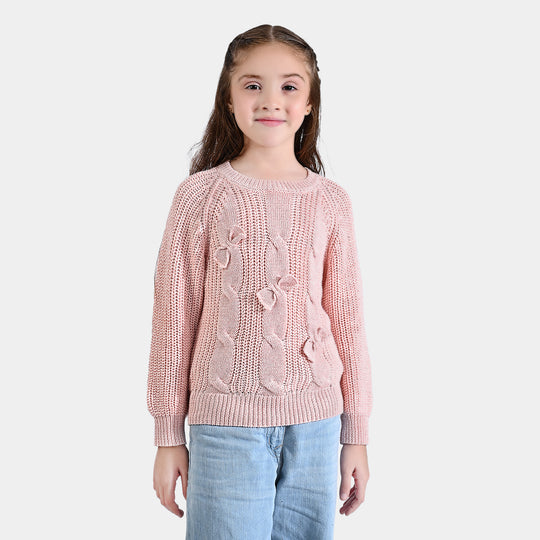 Girls Mix Fabric Sweater 3 Bow -Pink