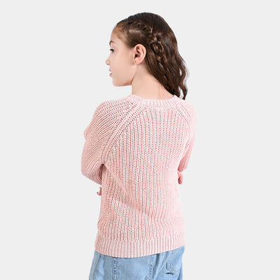 Girls Mix Fabric Sweater 3 Bow -Pink