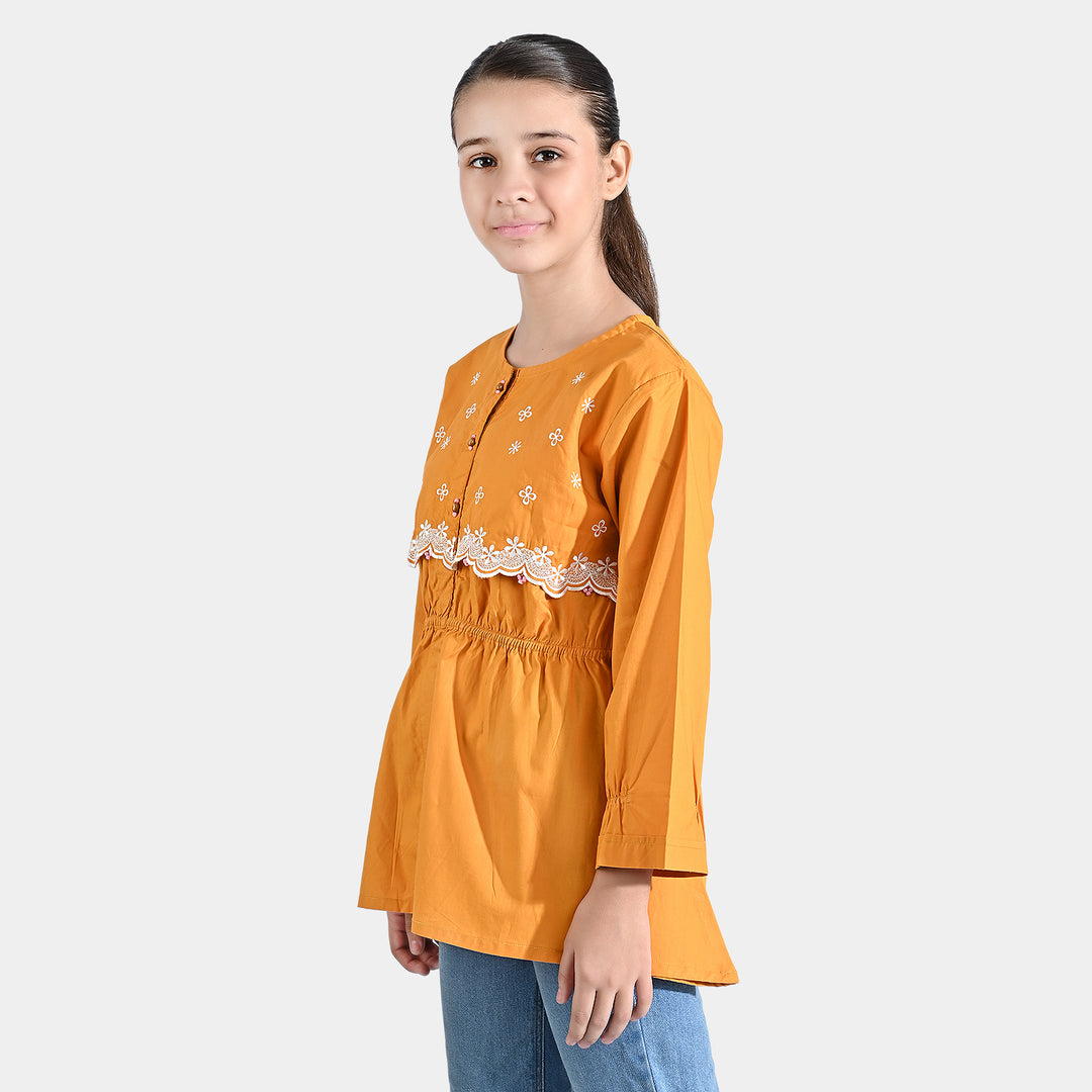 Girls Cotton Poplin Emb Top-Yellow