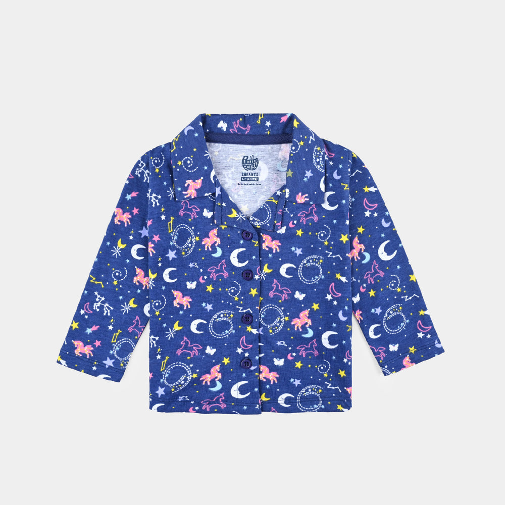 Infant Girls Poly Cotton Knitted Night Suit Galaxy -Navy Blue