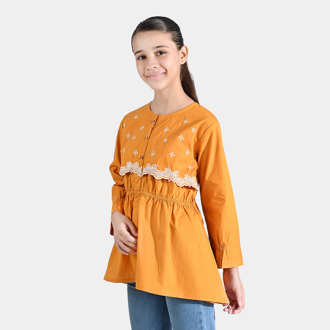 Girls Cotton Poplin Emb Top-Yellow