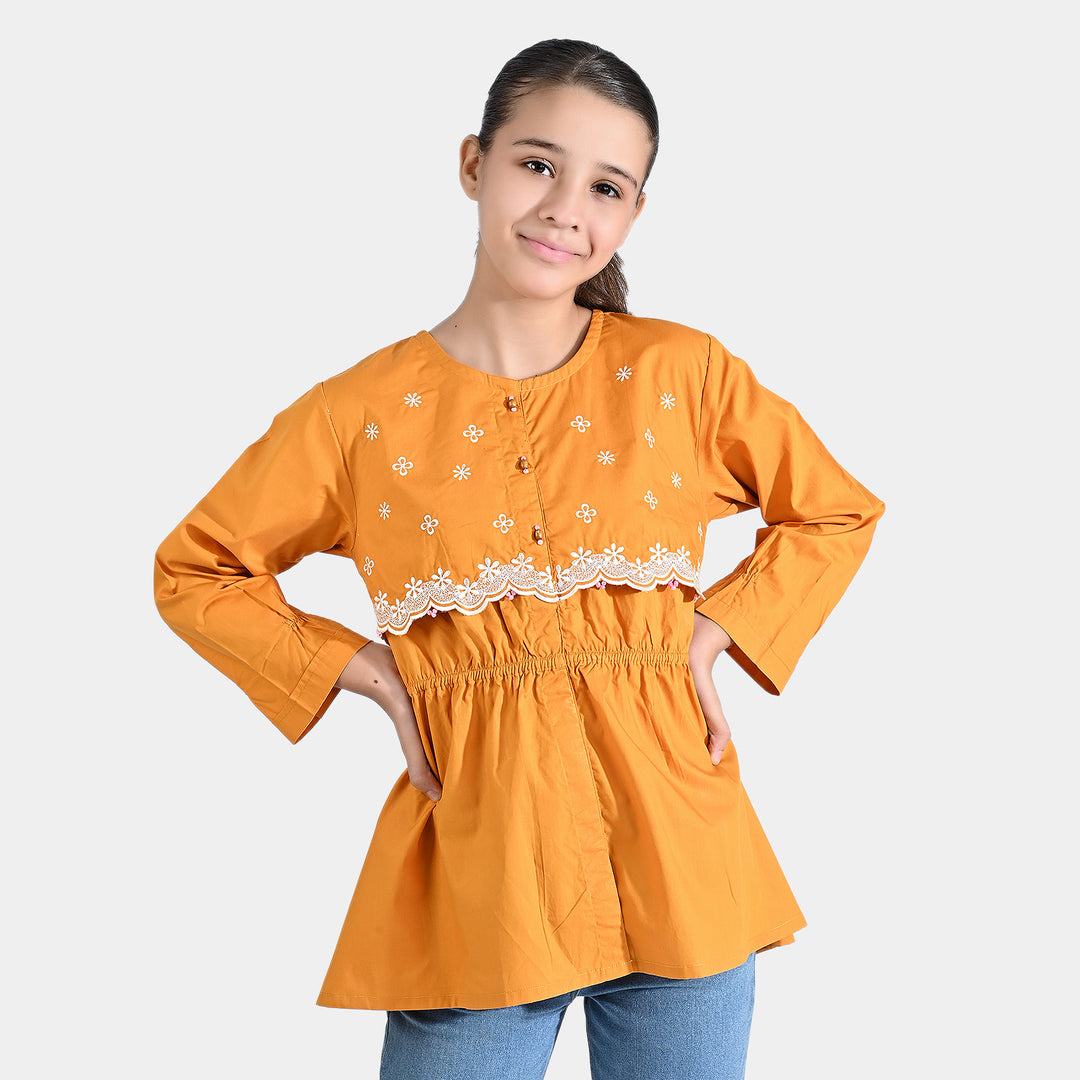 Girls Cotton Poplin Emb Top-Yellow