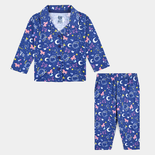 Infant Girls Poly Cotton Knitted Night Suit Galaxy -Navy Blue