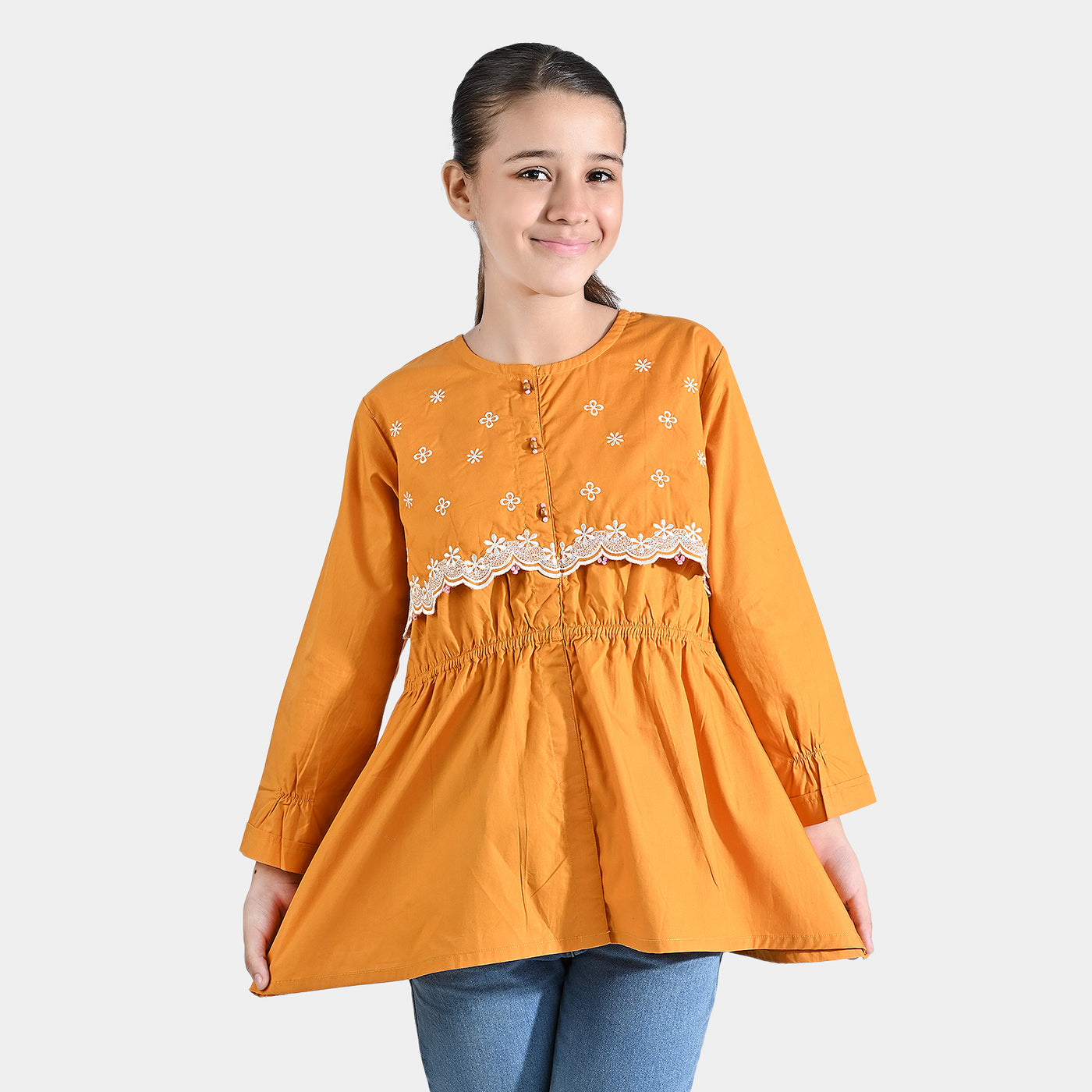 Girls Cotton Poplin Emb Top-Yellow