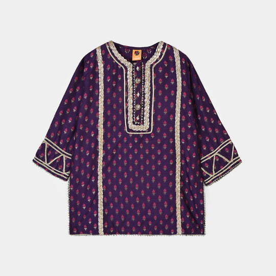 Girls Cotton Jacquard Emb 2Pc Suit Glow-Purple
