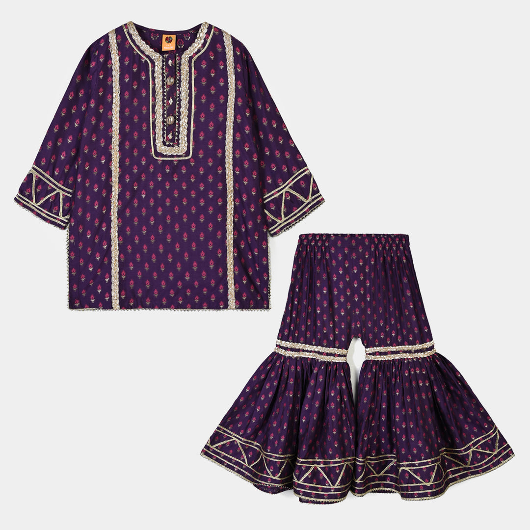 Girls Cotton Jacquard Emb 2Pc Suit Glow-Purple