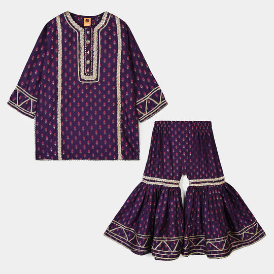 Girls Cotton Jacquard Emb 2Pc Suit Glow-Purple