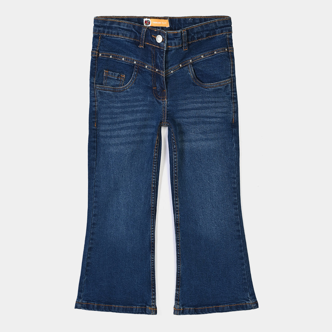 Girls Denim rigid Pant Yoke Studs-Mid Blue