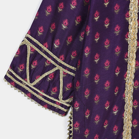 Girls Cotton Jacquard Emb 2Pc Suit Glow-Purple
