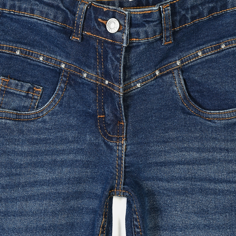 Girls Denim rigid Pant Yoke Studs-Mid Blue